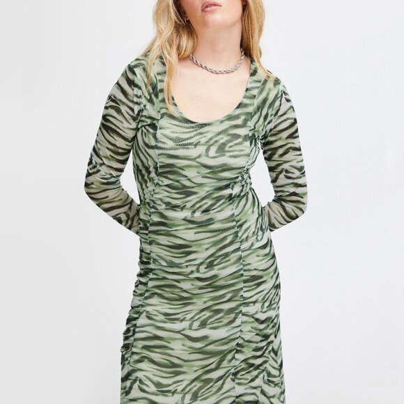 ICHI Ihista Mesh Sheer Green Zebra Print Dress Whimsigoth Witchy Fairy Grunge - Picture 3 of 16